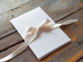 Invitation card with ribbon on rustic wooden table, elegant and minimalist design. photo