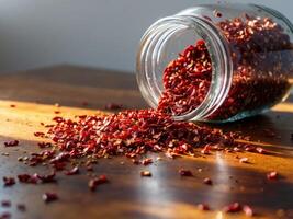 A jar of red chili seeds on a table photo