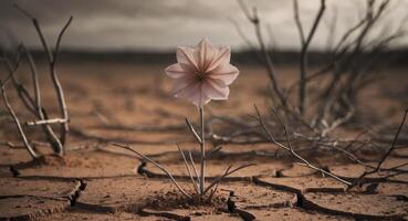 A single flower stands in the middle of a dry field photo