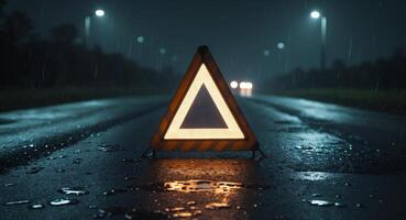 A warning triangle on the side of a wet road photo