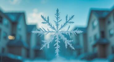 A snowflake is seen through a window in front of a house photo