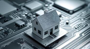 Smart Home Technology. A Miniature House Integrated on a Circuit Board Concept. photo