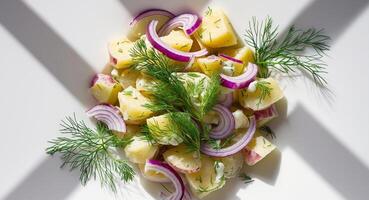 Fresh Potato Salad with Red Onion and Dill, Creamy Dressing, on White Background. photo