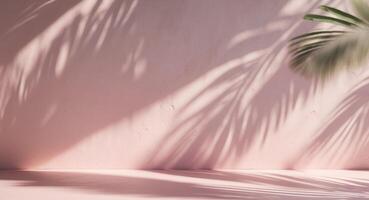 Light and Shadow. Minimalist Pink Wall with Palm Leaf Silhouette Design. photo