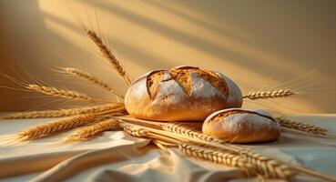 Golden Loaves and Wheat Stalks. A Symphony of Freshness and Rustic Charm, Food Photography photo