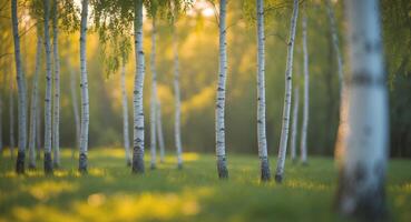 Serene Birch Grove in Golden Hour. A Tranquil Scene of Light and Shadow. photo