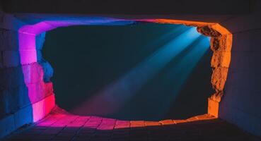 Concrete Tunnel with Light Beams and Neon Edge, Abstract Architectural View. photo