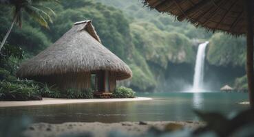Tropical Retreat. A Thatched Hut Oasis by the Waterfall. Serene Relaxation. photo