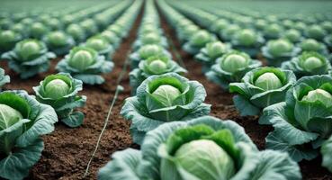Rows of Fresh Green Cabbage Heads Growing in a Field, Agricultural Harvest Scene. photo