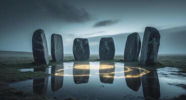 The stonehenge is reflected in a puddle photo