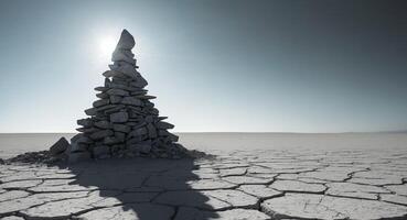 A pile of rocks in the desert with the sun shining photo