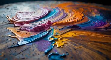 A close up of a colorful paint splattered on a wooden surface photo