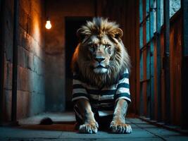 A lion in a prison uniform sitting in a dark room photo