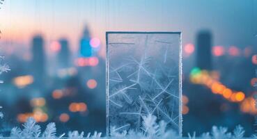 A frosted window with a city in the background photo