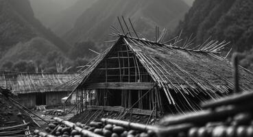 A black and white photo of a hut with bamboo poles