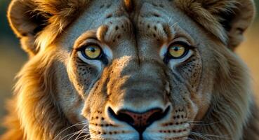 A close up of a lion's face with yellow eyes photo