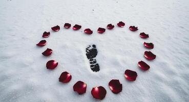 A heart shaped footprint in the snow with red roses photo