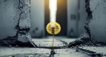 A dandelion is standing in the middle of a concrete wall photo