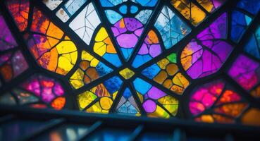 Captivating Stained Glass. A Kaleidoscope of Colors and Geometric Patterns. photo