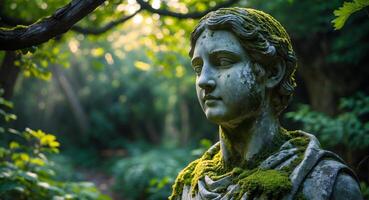 Ancient Stone Statue, Moss Covered, Found in a Forest, Sunlit Background, Nature, Peace. photo