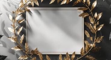 Golden Laurel Frame on Gray Background, Blank Canvas for Text or Image. photo