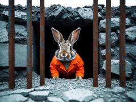 Bunny Bandit. A Captivating Portrait of a Rabbit Behind Bars in Orange Jumpsuit. photo