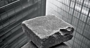 Stone Blocks Juxtaposed with Modern Architecture. A Study in Contrast and Texture. photo