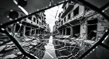 A broken window in a destroyed building photo