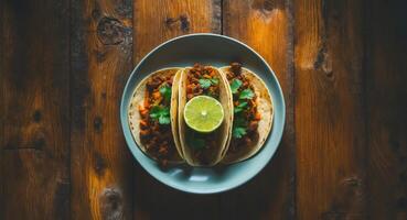 Tacos on a Plate with Lime and Cilantro, Served on a Rustic Wooden Table. photo