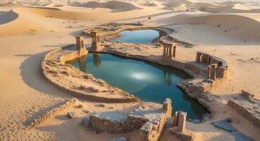An aerial view of a desert with a pool in the middle photo