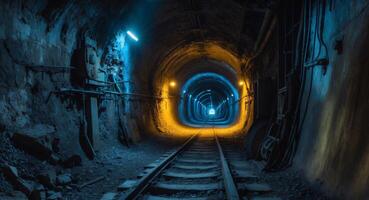A tunnel with a train going through it photo