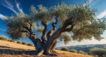 An olive tree in the middle of a field photo