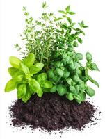 Herbs in soil on white background photo