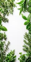Fresh herbs and vegetables arranged in a circle on a white background photo