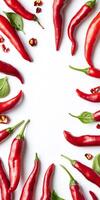 Red hot peppers on white background with copy space photo