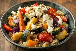 Top View Of Quinoa Salad With Roasted Vegetables And Feta On Vibrant Background With Copy Space, Food Setting photo