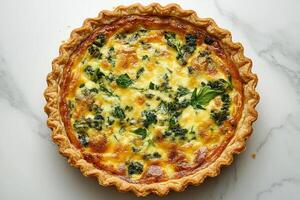 Top View Of Quiche Lorraine With Gruyere On Vibrant Background With Copy Space, Food Image photo