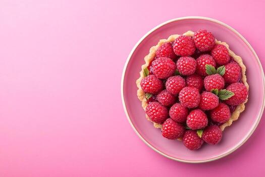 Top View Of Raspberry Tart On Vibrant Background With Copy Space, Food Image photo