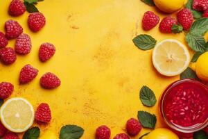 Top View Of Raspberry Iced Tea With Lemon On Vibrant Background With Copy Space, Food Image photo
