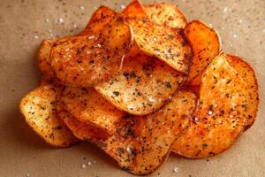 Top View Of Sea Salt And Vinegar Potato Chips On Vibrant Background With Copy Space, Food Image photo