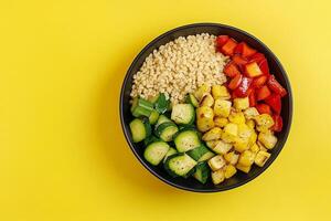 Top View Of Small Grain Bowl With Roasted Vegetables On Vibrant Background With Copy Space, Food Image photo
