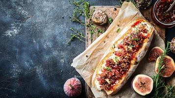 Top View Baguette With Brie And Fig Jam, Food Photography photo