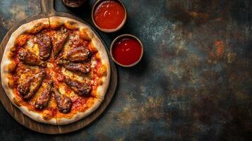 Top View Family Meal Deal Pizza And Wings, Food Photography photo