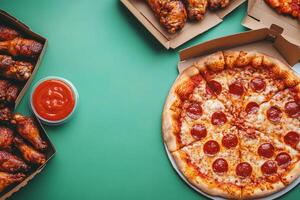 Top View Of Family Meal Deal Pizza And Wings On Vibrant Background With Copy Space, Cuisine Photography photo