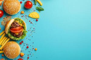 Top View Of Fast Food On Vibrant Background With Copy Space, Cuisine Photography photo