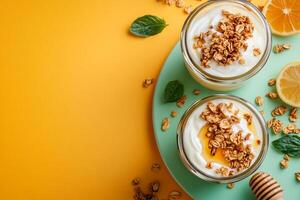 Top View Of Greek Yogurt Parfait With Granola And Berries On Vibrant Background With Copy Space, Cuisine Photography photo