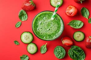 Top View Of Green Detox Juice With Kale, Spinach, And Apple On Vibrant Background With Copy Space, Cuisine Photography photo