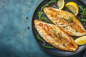 Top View Of Grilled Sole With Lemon Butter On Vibrant Background With Copy Space, Cuisine Photography photo