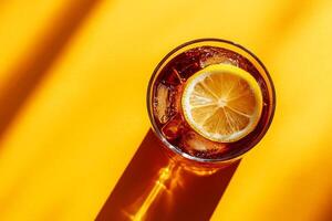 Top View Of Iced Tea With Lemon On Vibrant Background With Copy Space, Cuisine Photography photo