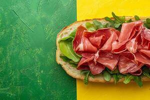 Top View Of Jambon-Beurre Sandwich On Vibrant Background With Copy Space, Cuisine Photography photo